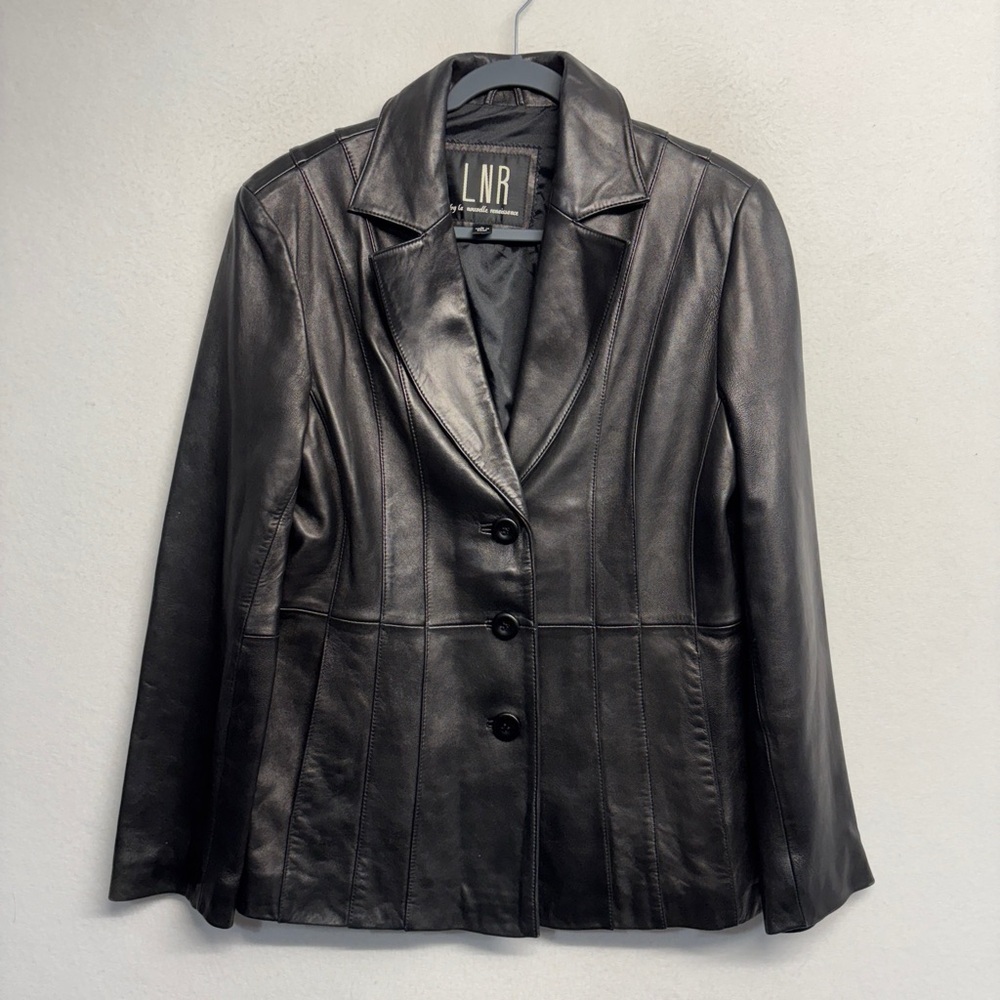 VTG 90s Minimalist Retro Black Leather Jacket L 3 Button LNR‎